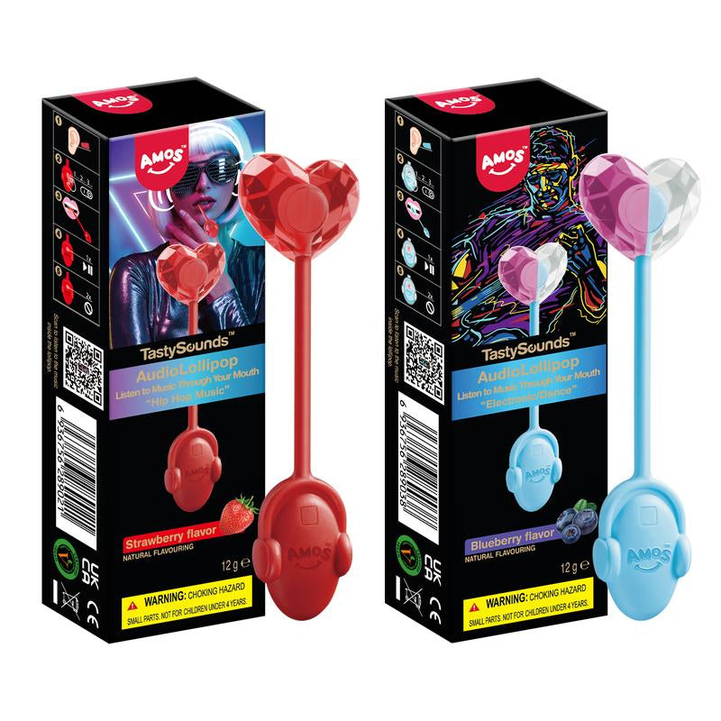 Amos Tastysounds Music Lollipops – Heart-Shaped, Sugar-Free Audio Candies with Bone Conduction Tech | K-Pop Vibe | 4+1 Free | Strawberry, Blueberry, Watermelon, Blackberry