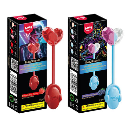 Amos Tastysounds Music Lollipops – Heart-Shaped, Sugar-Free Audio Candies with Bone Conduction Tech | K-Pop Vibe | 4+1 Free | Strawberry, Blueberry, Watermelon, Blackberry