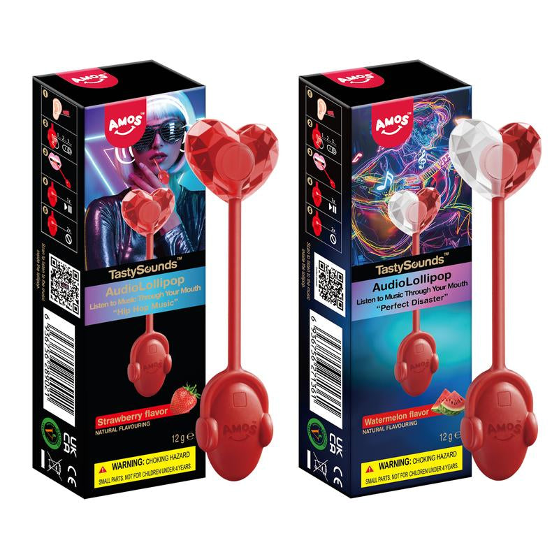 Amos Tastysounds Music Lollipops – Heart-Shaped, Sugar-Free Audio Candies with Bone Conduction Tech | K-Pop Vibe | 4+1 Free | Strawberry, Blueberry, Watermelon, Blackberry
