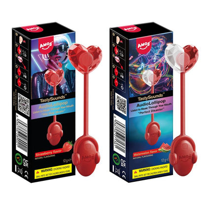 Amos Tastysounds Music Lollipops – Heart-Shaped, Sugar-Free Audio Candies with Bone Conduction Tech | K-Pop Vibe | 4+1 Free | Strawberry, Blueberry, Watermelon, Blackberry