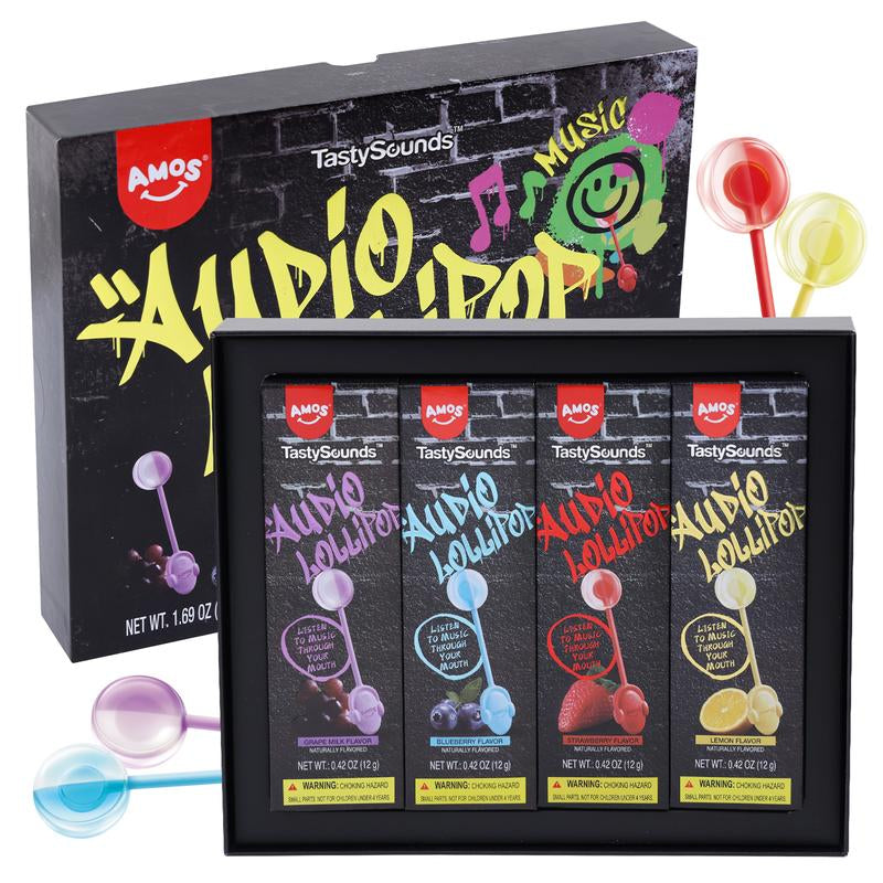 Amos Tastysounds Music Lollipops – Heart-Shaped, Sugar-Free Audio Candies with Bone Conduction Tech | K-Pop Vibe | 4+1 Free | Strawberry, Blueberry, Watermelon, Blackberry