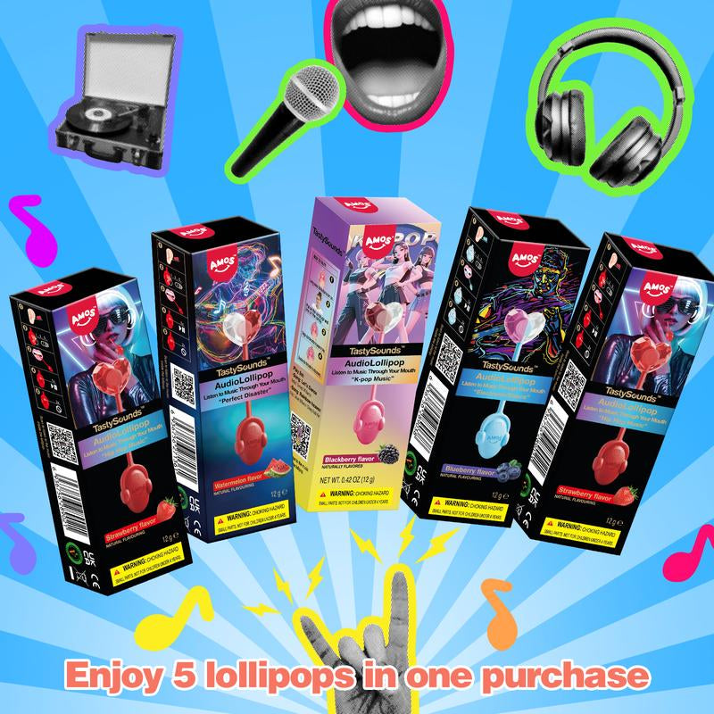 Amos Tastysounds Music Lollipops – Heart-Shaped, Sugar-Free Audio Candies with Bone Conduction Tech | K-Pop Vibe | 4+1 Free | Strawberry, Blueberry, Watermelon, Blackberry