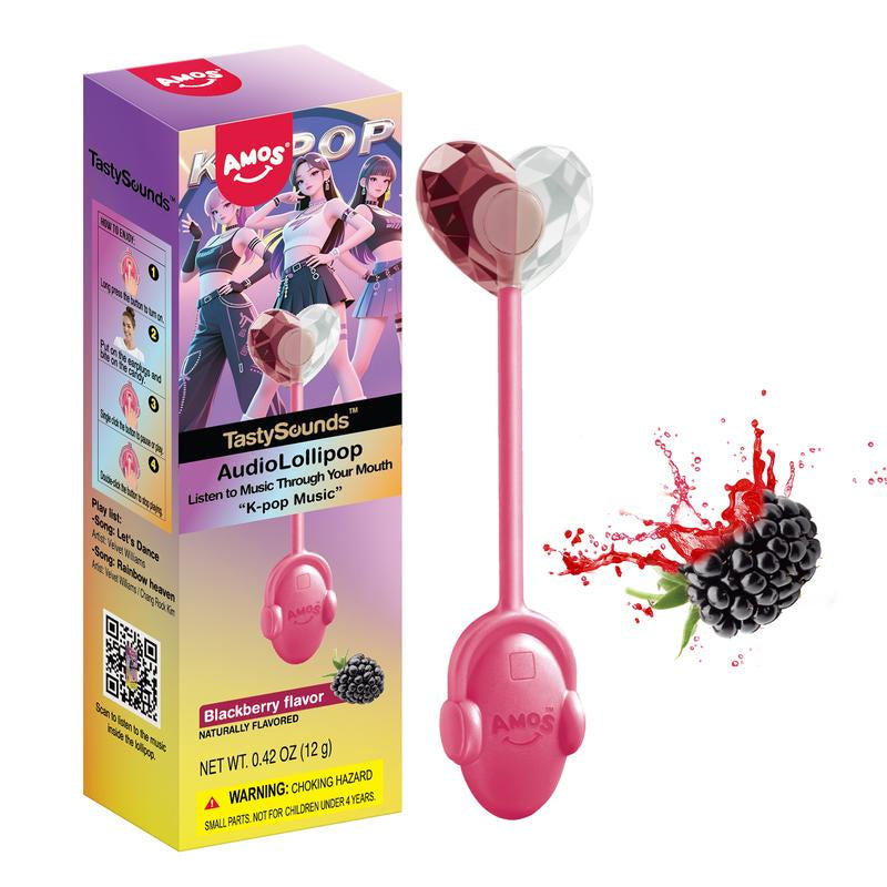 Amos Tastysounds Music Lollipops – Heart-Shaped, Sugar-Free Audio Candies with Bone Conduction Tech | K-Pop Vibe | 4+1 Free | Strawberry, Blueberry, Watermelon, Blackberry