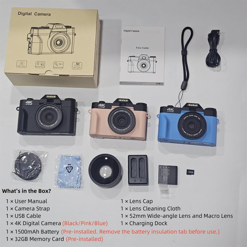GLOBAL PICK 4K Digital Camera with 180° Flip Screen, 16X Digital Zoom Vlogging Camera, Autofocus Camera, Including Wide Angle & Macro Lens, 32GB TF Card, Ideal Gift Choice, Photographic Kit