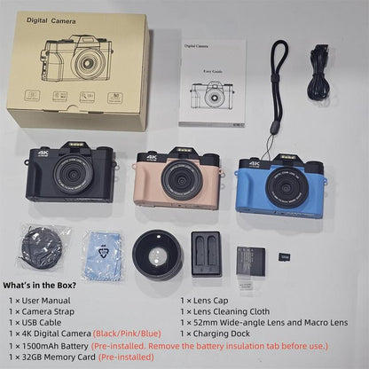 GLOBAL PICK 4K Digital Camera with 180° Flip Screen, 16X Digital Zoom Vlogging Camera, Autofocus Camera, Including Wide Angle & Macro Lens, 32GB TF Card, Ideal Gift Choice, Photographic Kit