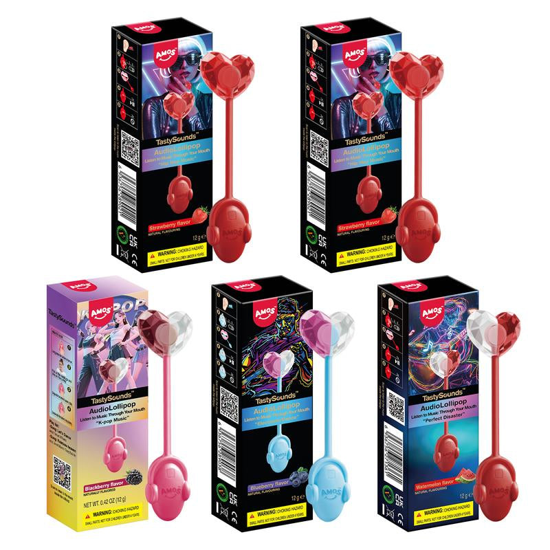 Amos Tastysounds Music Lollipops – Heart-Shaped, Sugar-Free Audio Candies with Bone Conduction Tech | K-Pop Vibe | 4+1 Free | Strawberry, Blueberry, Watermelon, Blackberry