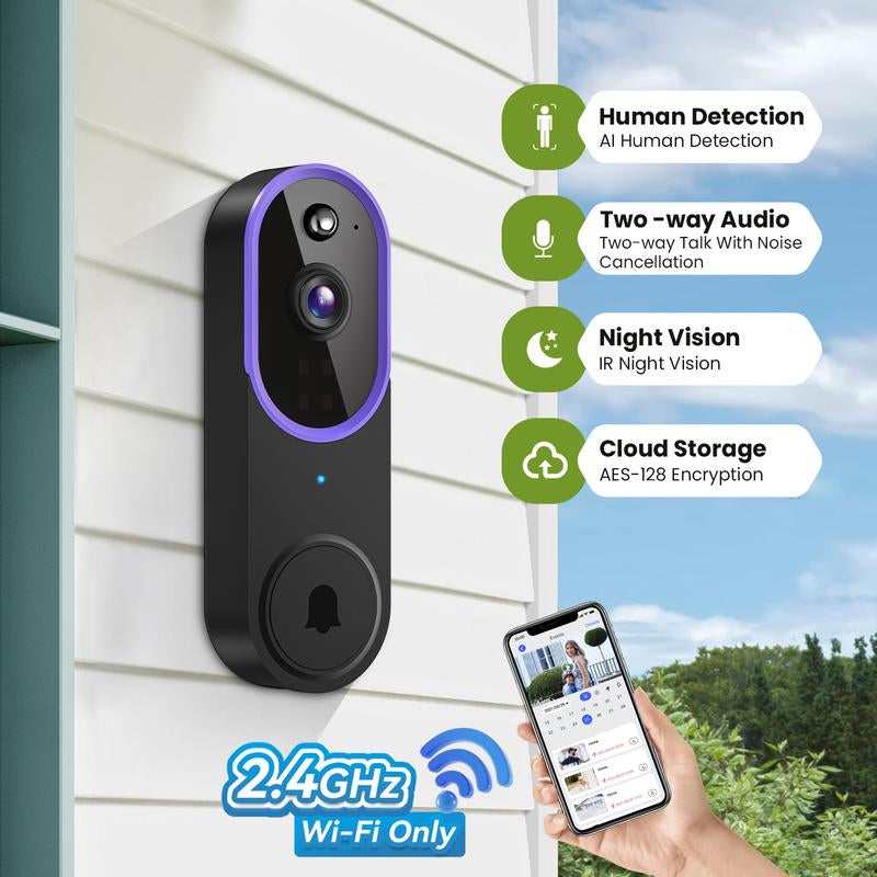 Wireless Video Doorbell Camera, Smart Security Doorbell Camera, 1080P, AI Human Detection , Night Vision, Instant Alert, Two Way Audio, 2.4G Wifi Only, Simple Installation and Rechargeable Battery, Cloud Storage, Wifi Camera