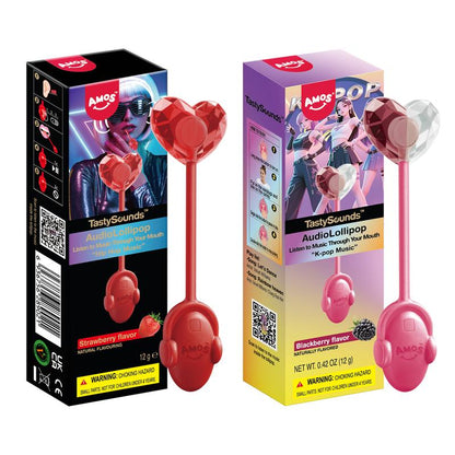 Amos Tastysounds Music Lollipops – Heart-Shaped, Sugar-Free Audio Candies with Bone Conduction Tech | K-Pop Vibe | 4+1 Free | Strawberry, Blueberry, Watermelon, Blackberry