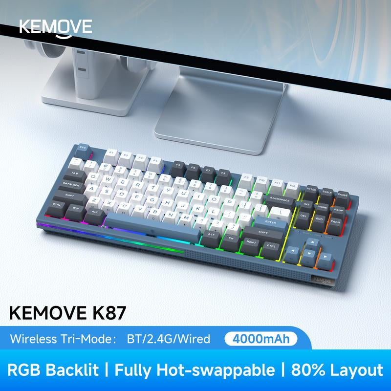 Clearance Sale KEMOVE K87 Wireless Hot-Swap Mechanical Gaming Keyboard, 87 Keys RGB Backlit with 4000Mah Battery, Triple-Mode Connection — Limited Time Sale