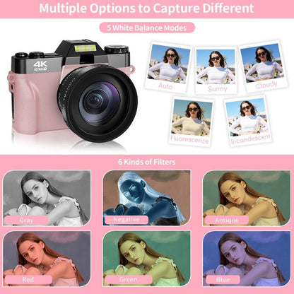 GLOBAL PICK 4K Digital Camera with 180° Flip Screen, 16X Digital Zoom Vlogging Camera, Autofocus Camera, Including Wide Angle & Macro Lens, 32GB TF Card, Ideal Gift Choice, Photographic Kit