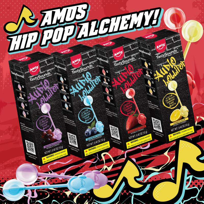 Amos Tastysounds Music Lollipops – Heart-Shaped, Sugar-Free Audio Candies with Bone Conduction Tech | K-Pop Vibe | 4+1 Free | Strawberry, Blueberry, Watermelon, Blackberry